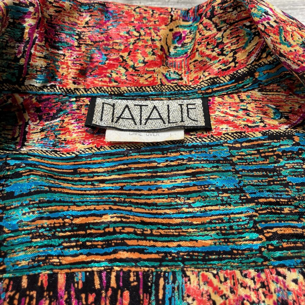 VTG Artsy Patchwork Multi-Print Blouse Sz Md Colorful Tie Front Button Down Top - Picture 10 of 13